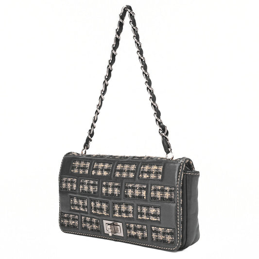CHANEL Chocolate Bar 2.55 Turnlock Chain Shoulder Lambskin x Tweed Black Silver-Tone Hardware, Pre-Owned