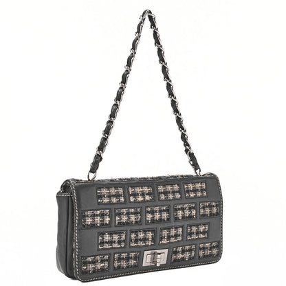 CHANEL Chocolate Bar 2.55 Turnlock Chain Shoulder Lambskin x Tweed Black Silver-Tone Hardware, Pre-Owned