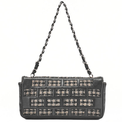 CHANEL Chocolate Bar 2.55 Turnlock Chain Shoulder Lambskin x Tweed Black Silver-Tone Hardware, Pre-Owned