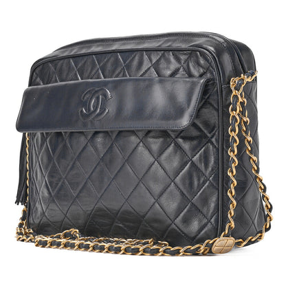 CHANEL Chain Shoulder Matelasse Coco Mark Fringe Large Size Lambskin Navy Gold-Tone Hardware, Pre-Owned
