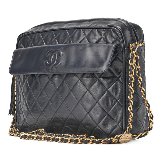 CHANEL Chain Shoulder Matelasse Coco Mark Fringe Large Size Lambskin Navy Gold-Tone Hardware, Pre-Owned