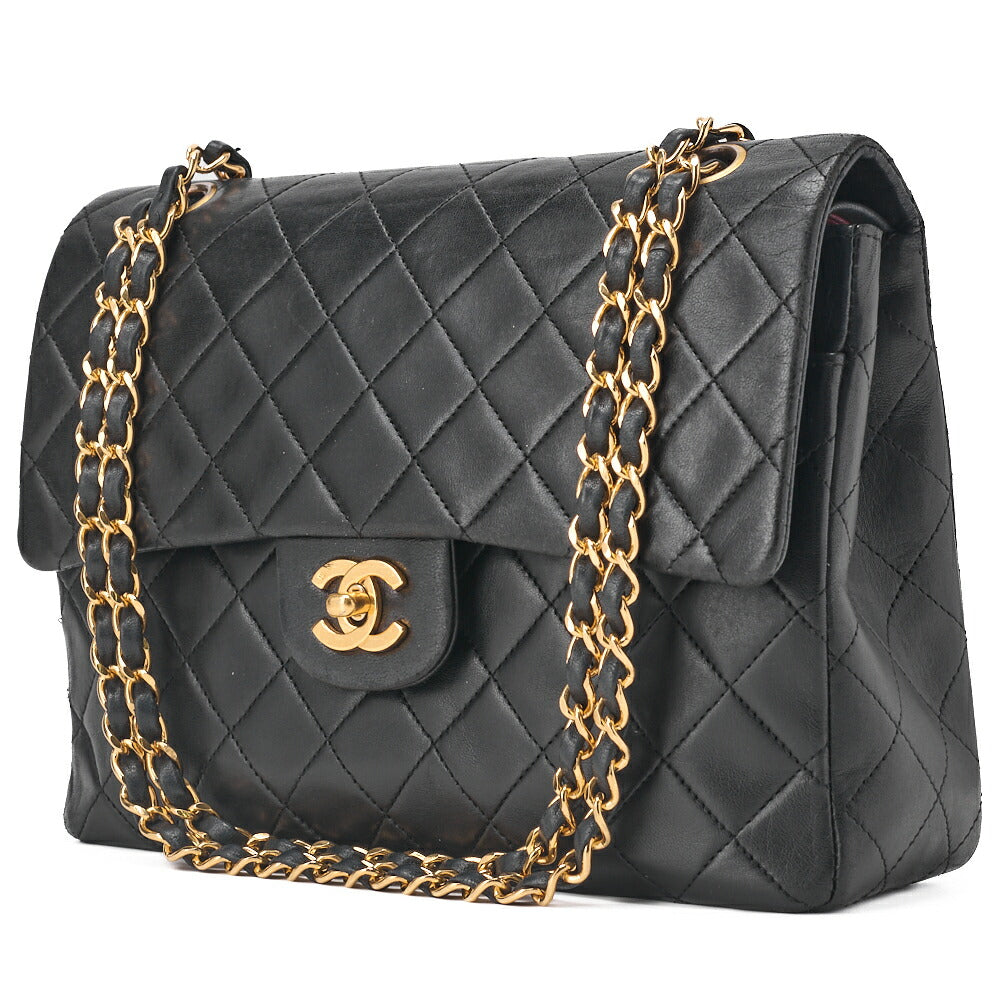 CHANEL Matelasse Double Flap Square Chain Shoulder Bag Lambskin Black Gold-Tone Hardware, Pre-Owned