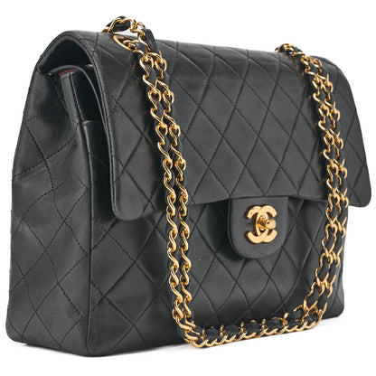 CHANEL Matelasse Double Flap Square Chain Shoulder Bag Lambskin Black Gold-Tone Hardware, Pre-Owned
