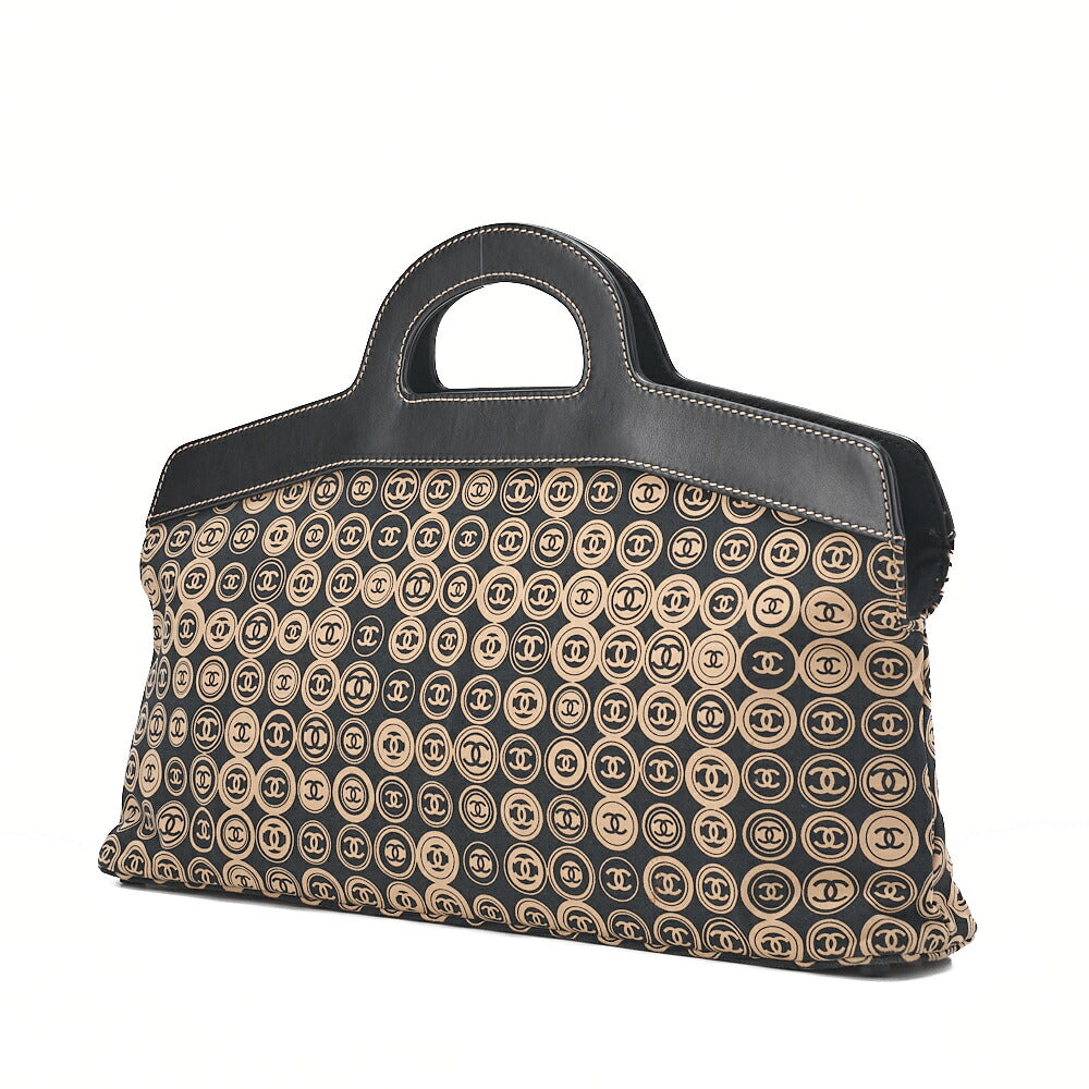CHANEL Coco Mark All-Over Pattern Handbag Cotton Black Gold-Tone Hardware, Pre-Owned