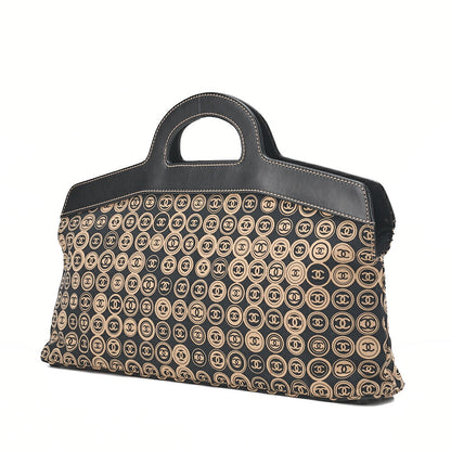 CHANEL Coco Mark All-Over Pattern Handbag Cotton Black Gold-Tone Hardware, Pre-Owned