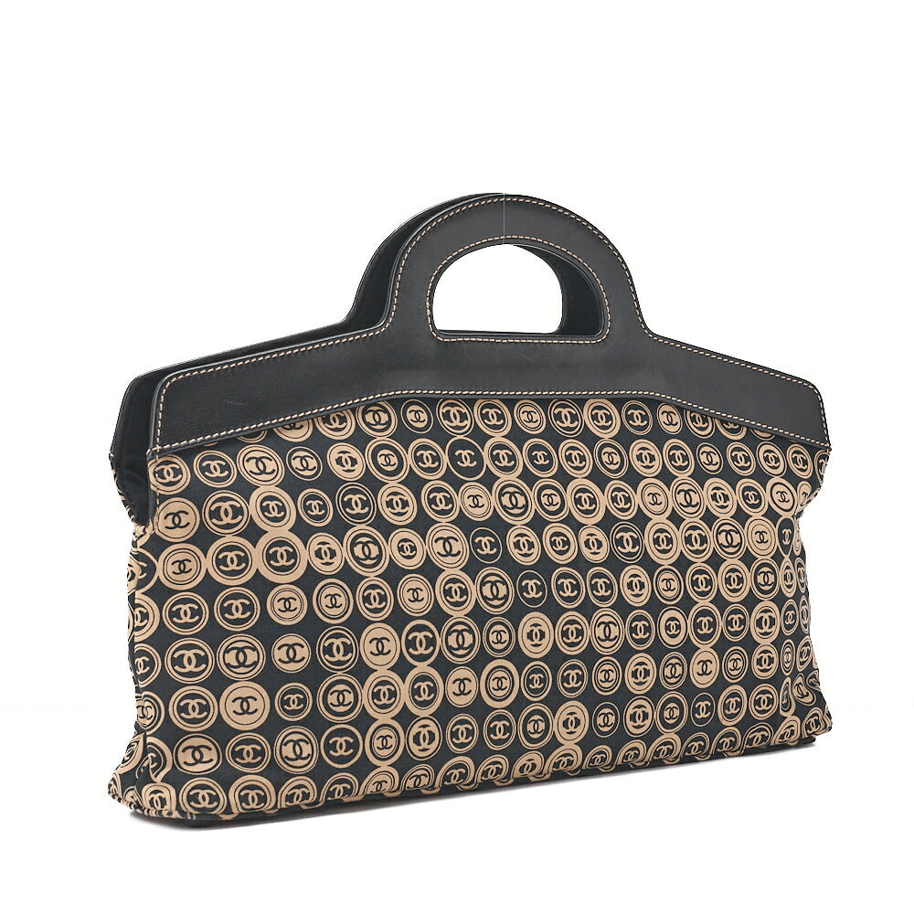 CHANEL Coco Mark All-Over Pattern Handbag Cotton Black Gold-Tone Hardware, Pre-Owned