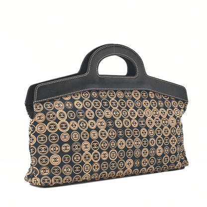 CHANEL Coco Mark All-Over Pattern Handbag Cotton Black Gold-Tone Hardware, Pre-Owned