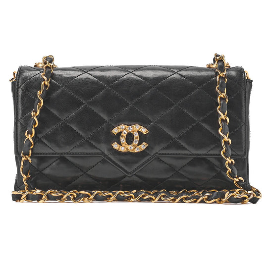 CHANEL Chain Shoulder Bag Matlasse Lambskin Rheinstone Pushlock Black Gold-Tone Hardware, Pre-Owned
