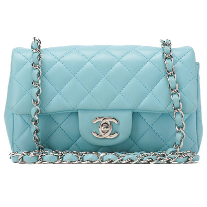 CHANEL Chain Shoulder Bag Mini Matrasse 20cm Lambskin Single Flap Turnlock Light Blue Silver-Tone Hardware, Pre-Owned