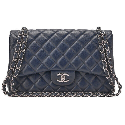 CHANEL Chain Shoulder Bag Double Flap Deca Matasse 30cm Caviar Skin Navy Silver-Tone Hardware, Pre-Owned