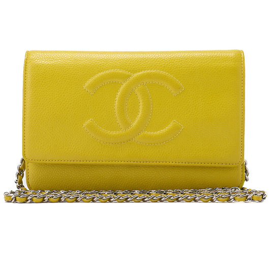 CHANEL Shoulder Bag Chain Wallet Caviar Skin Yellow Silver Fittings Push Lock Coco Mark Brand [Used] [Free Shipping]