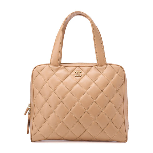 CHANEL Coco Mark Wild Stitch Handbag Calfskin Beige Silver-Tone Hardware, Pre-Owned