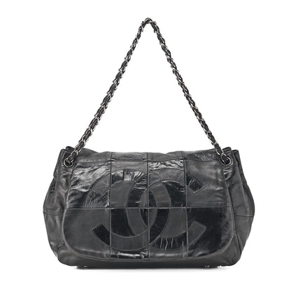 CHANEL Chain Shoulder Bag Cocomark Patchwork Full Flap Lambskin x Enamel Black Silver-Tone Hardware, Pre-Owned