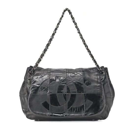 CHANEL Chain Shoulder Bag Cocomark Patchwork Full Flap Lambskin x Enamel Black Silver-Tone Hardware, Pre-Owned