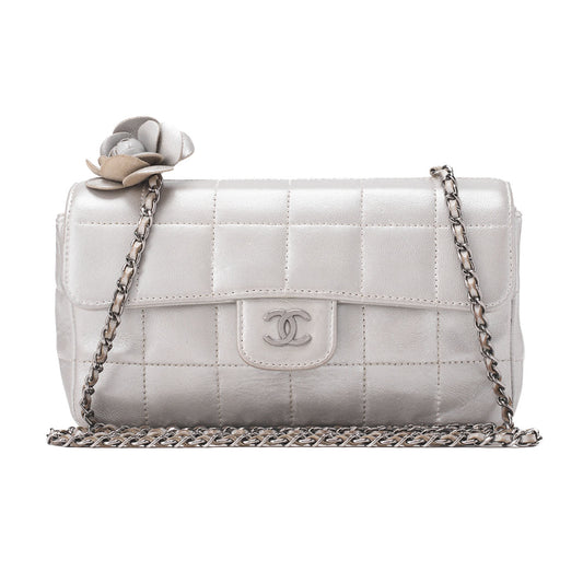 CHANEL Chanel Chocolate Bar Camellia Push Lock Chain Shoulder Lambskin Silver-Tone Hardware, Pre-Owned