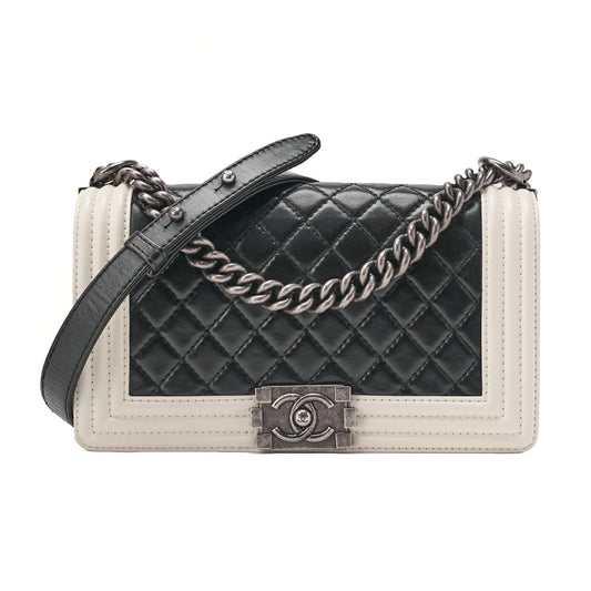 CHANEL Boy Chanel Matelasse Chain Shoulder Lambskin Black x White Silver-Tone Hardware, Pre-Owned