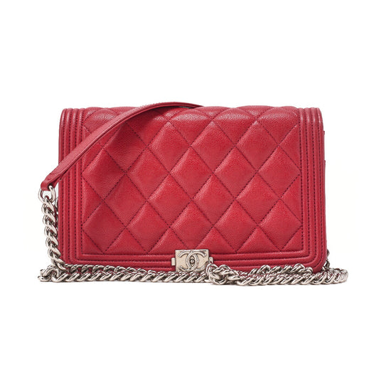 CHANEL Boy Chanel Matelasse Chain Wallet Caviar Skin Red Silver-Tone Hardware, Pre-Owned