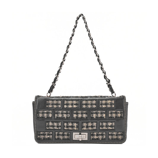 CHANEL Chocolate Bar 2.55 Turnlock Chain Shoulder Lambskin x Tweed Black Silver-Tone Hardware, Pre-Owned