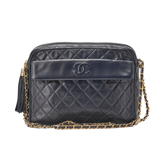 CHANEL Chain Shoulder Matelasse Coco Mark Fringe Large Size Lambskin Navy Gold-Tone Hardware, Pre-Owned