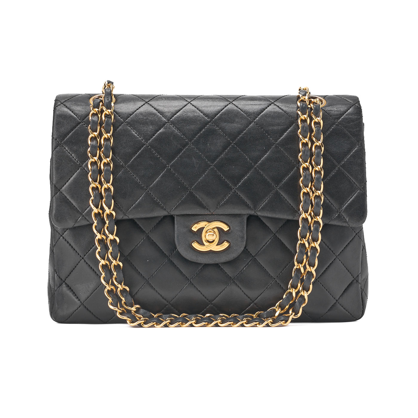 CHANEL Matelasse Double Flap Square Chain Shoulder Bag Lambskin Black Gold-Tone Hardware, Pre-Owned