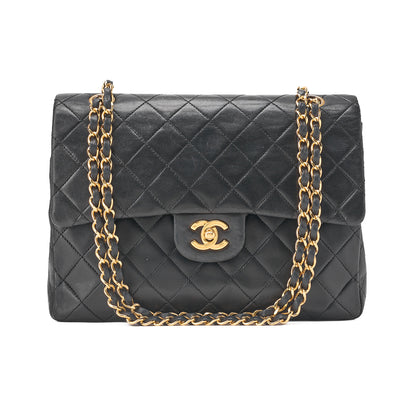 CHANEL Matelasse Double Flap Square Chain Shoulder Bag Lambskin Black Gold-Tone Hardware, Pre-Owned