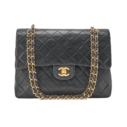 CHANEL Matelasse Double Flap Square Chain Shoulder Bag Lambskin Black Gold-Tone Hardware, Pre-Owned