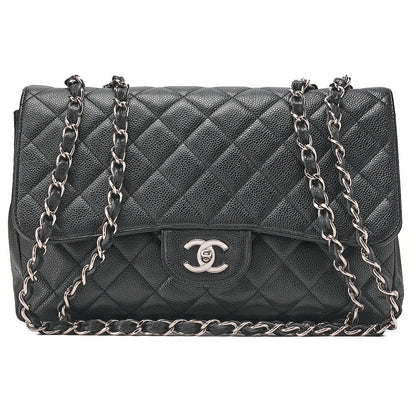CHANEL Chain Shoulder Bag Deca Matelasse 30cm Single Flap Caviar Skin Black Silver-Tone Hardware, Pre-Owned
