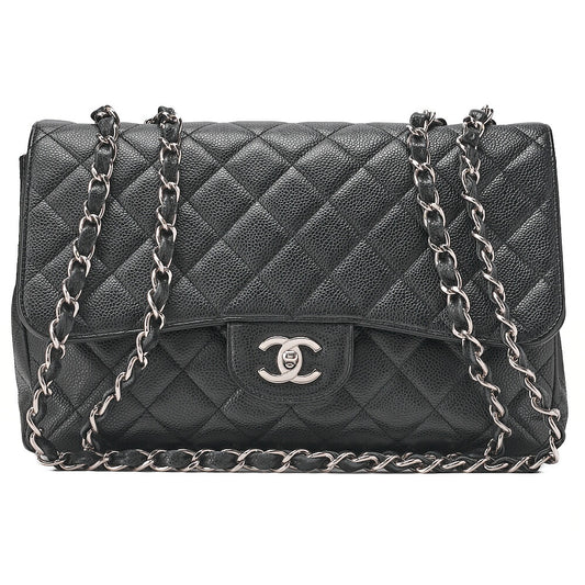 CHANEL Chain Shoulder Bag Deca Matelasse 30cm Single Flap Caviar Skin Black Silver-Tone Hardware, Pre-Owned