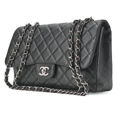 CHANEL Chain Shoulder Bag Deca Matelasse 30cm Single Flap Caviar Skin Black Silver-Tone Hardware, Pre-Owned