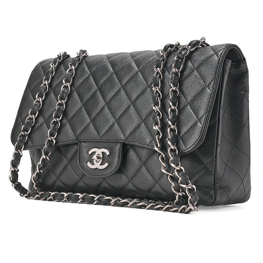 CHANEL Chain Shoulder Bag Deca Matelasse 30cm Single Flap Caviar Skin Black Silver-Tone Hardware, Pre-Owned
