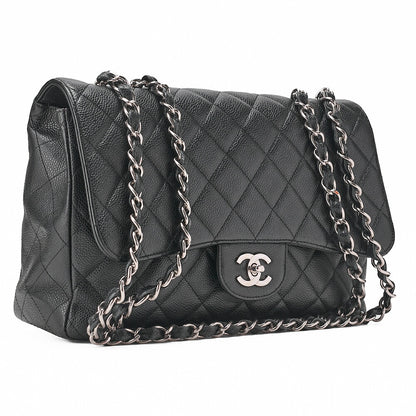 CHANEL Chain Shoulder Bag Deca Matelasse 30cm Single Flap Caviar Skin Black Silver-Tone Hardware, Pre-Owned