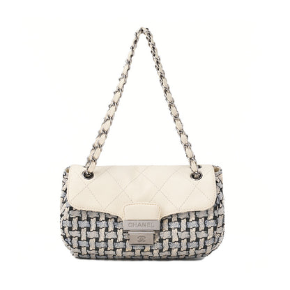 CHANEL Matelasse Bicolore Push Lock Chain Shoulder Leather x Cotton White Silver-Tone Hardware, Pre-Owned