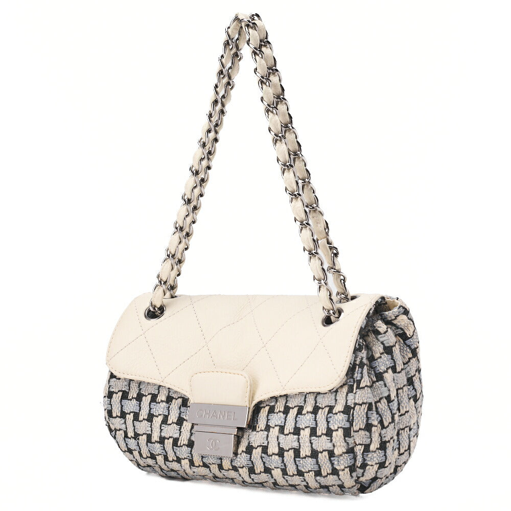 CHANEL Matelasse Bicolore Push Lock Chain Shoulder Leather x Cotton White Silver-Tone Hardware, Pre-Owned