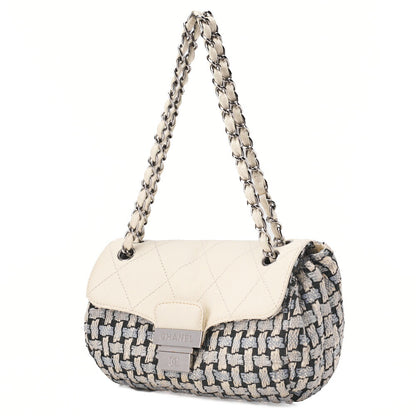 CHANEL Matelasse Bicolore Push Lock Chain Shoulder Leather x Cotton White Silver-Tone Hardware, Pre-Owned