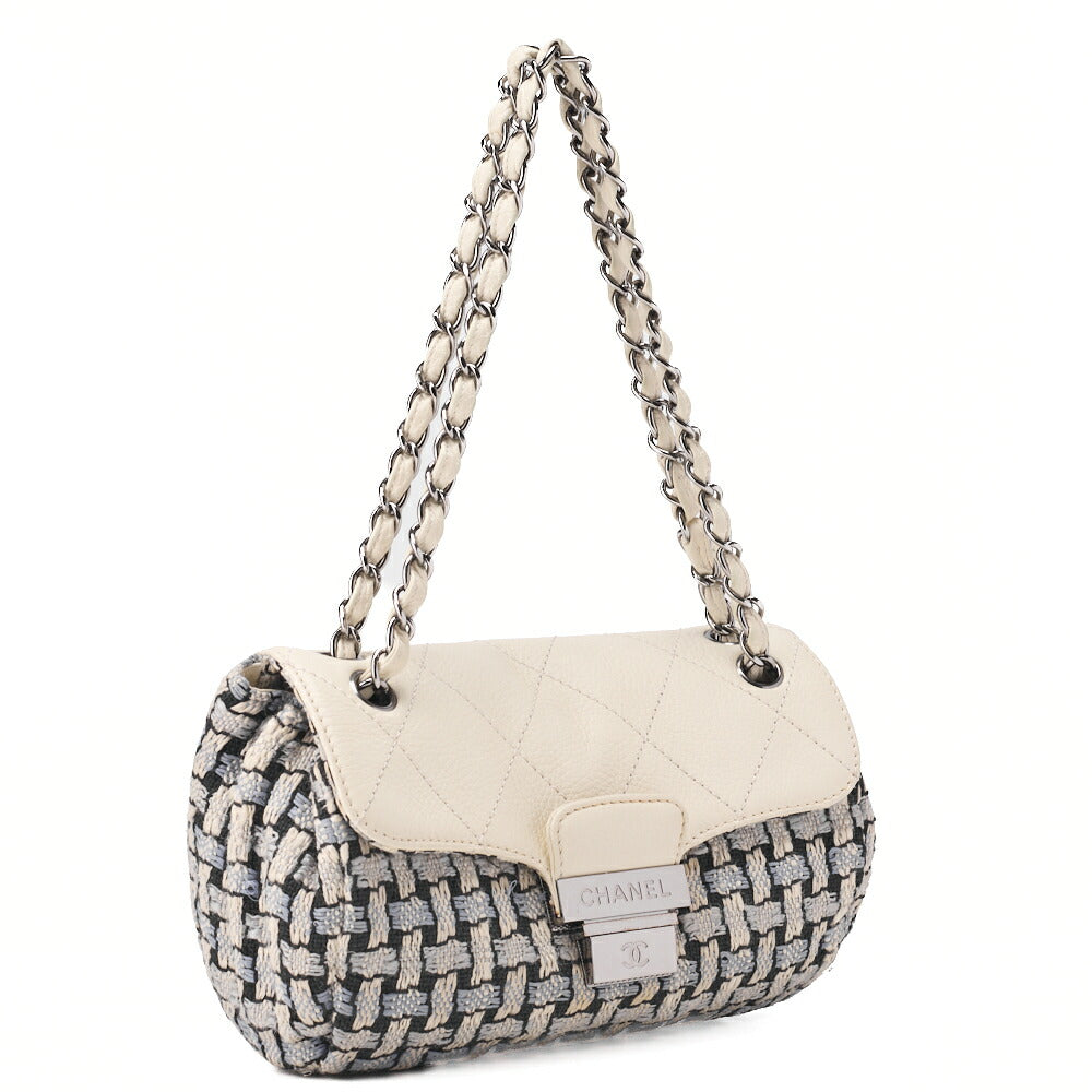 CHANEL Matelasse Bicolore Push Lock Chain Shoulder Leather x Cotton White Silver-Tone Hardware, Pre-Owned