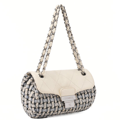 CHANEL Matelasse Bicolore Push Lock Chain Shoulder Leather x Cotton White Silver-Tone Hardware, Pre-Owned