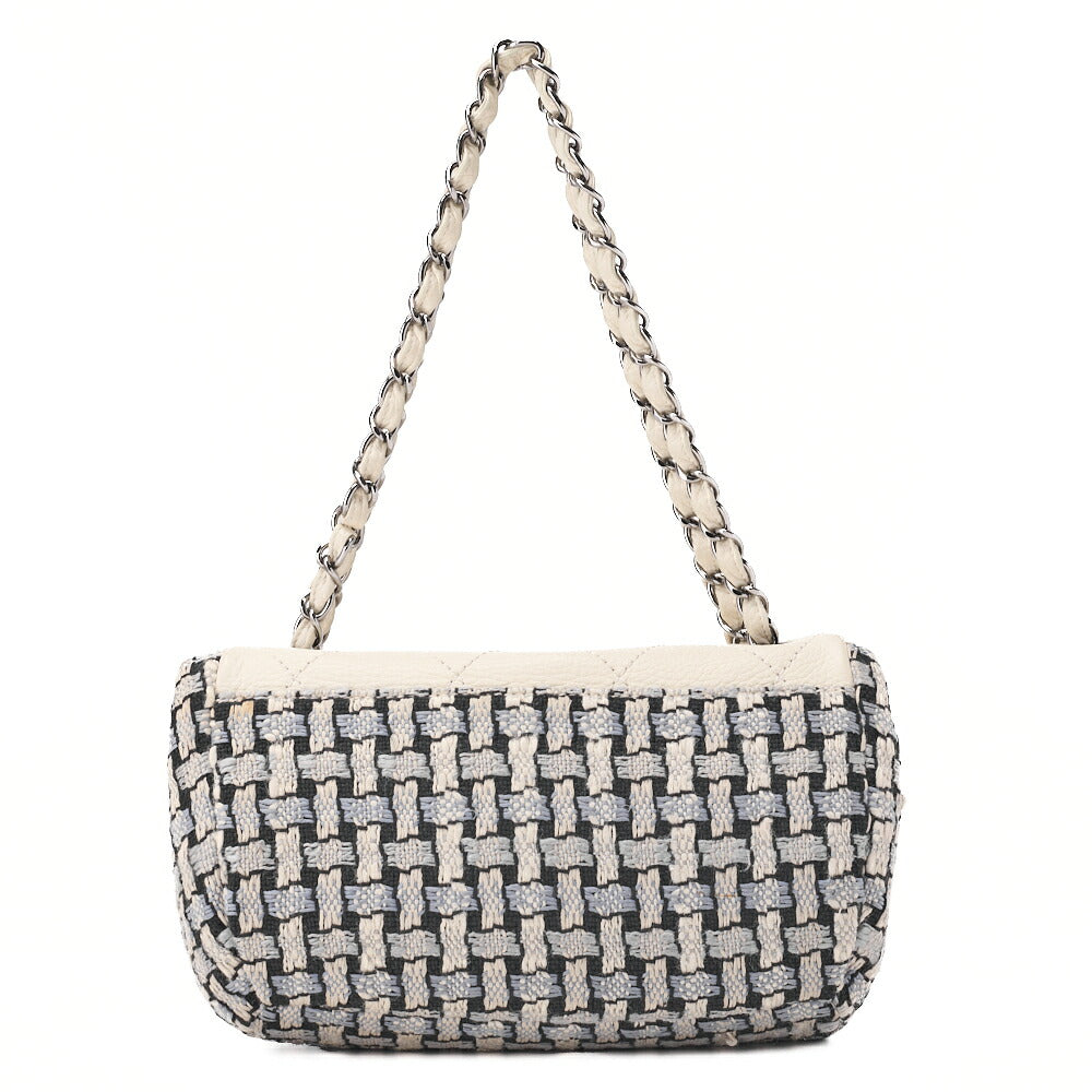 CHANEL Matelasse Bicolore Push Lock Chain Shoulder Leather x Cotton White Silver-Tone Hardware, Pre-Owned