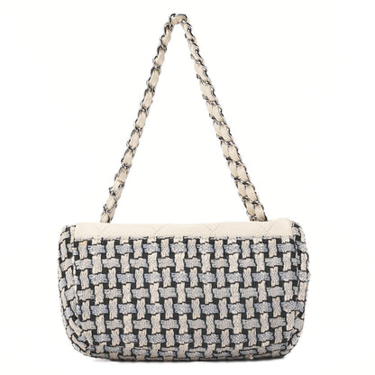 CHANEL Matelasse Bicolore Push Lock Chain Shoulder Leather x Cotton White Silver-Tone Hardware, Pre-Owned