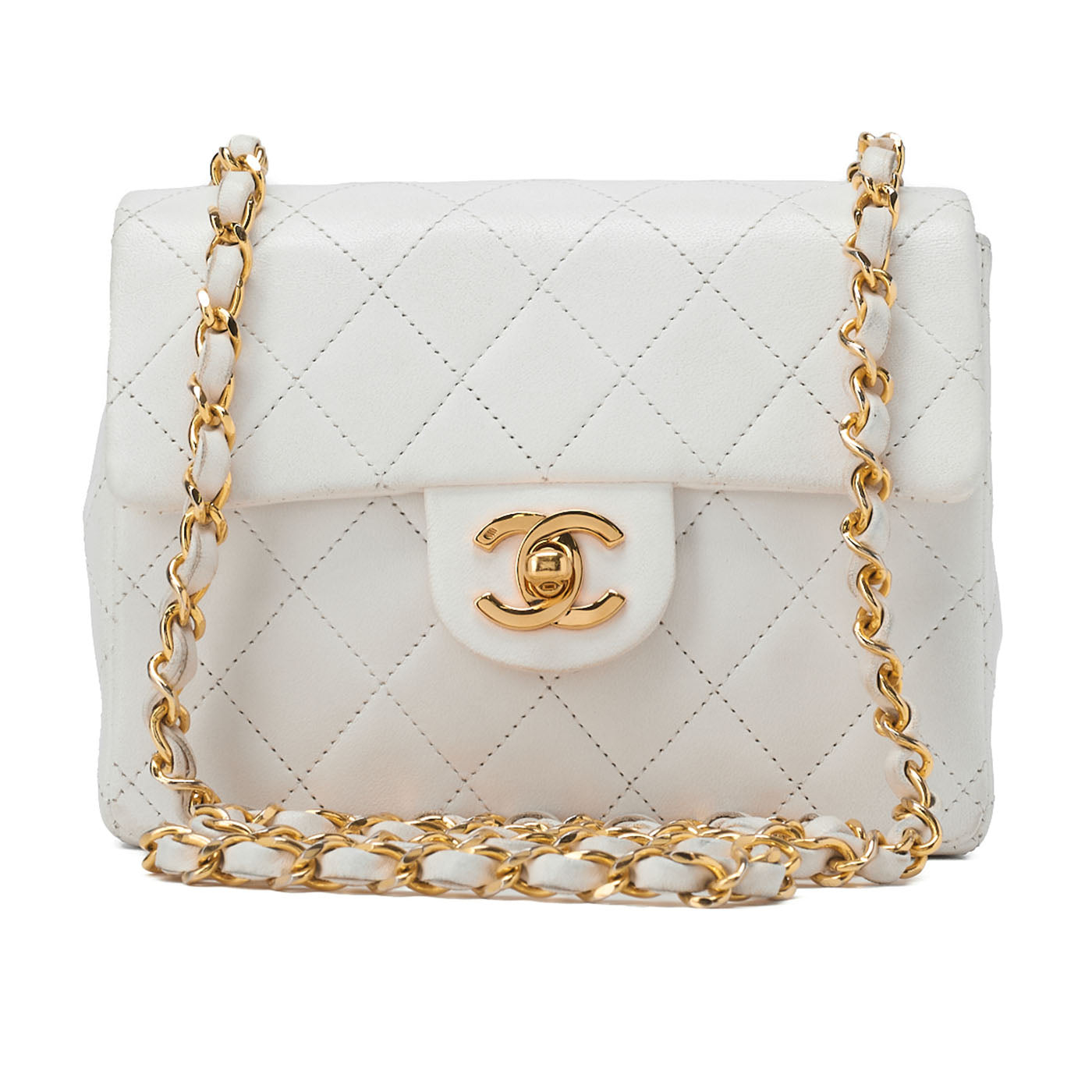 CHANEL Chain Shoulder Bag Mini Matrass? 18cm Lambskin White Single Flap Turnlock Gold-Tone Hardware, Pre-Owned
