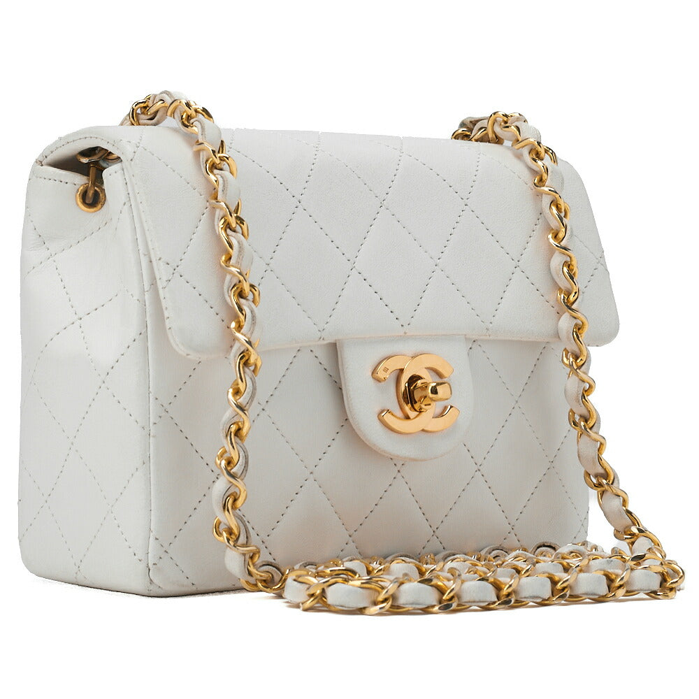 CHANEL Chain Shoulder Bag Mini Matrass? 18cm Lambskin White Single Flap Turnlock Gold-Tone Hardware, Pre-Owned