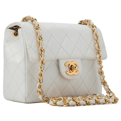 CHANEL Chain Shoulder Bag Mini Matrass? 18cm Lambskin White Single Flap Turnlock Gold-Tone Hardware, Pre-Owned