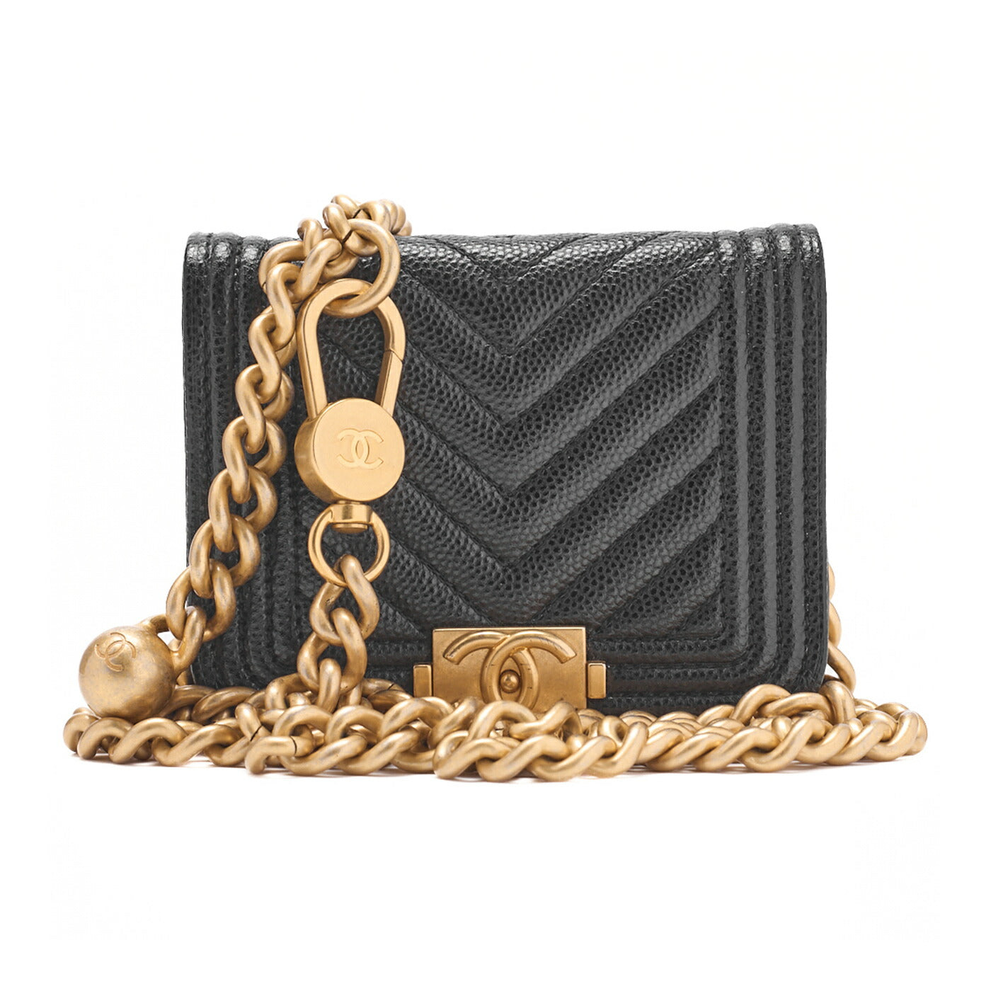 CHANEL Shoulder Bag Waist Bag Mini Size Boy Chanel Caviar Skin Black Gold-Tone Hardware, Pre-Owned
