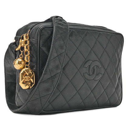 CHANEL Chain Shoulder Bag Matelasse Cocomark Caviar Skin Ball Charm Black Gold-Tone Hardware, Pre-Owned