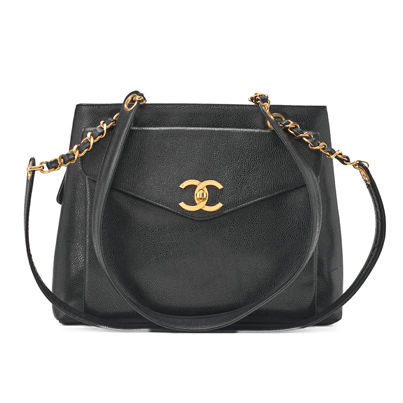 CHANEL Outside Flap Shoulder Bag Caviar Skin Black Gold-Tone Hardware, Pre-Owned