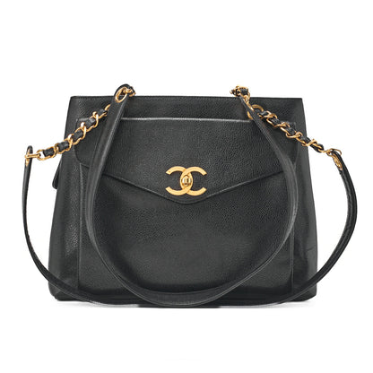 CHANEL Outside Flap Shoulder Bag Caviar Skin Black Gold-Tone Hardware, Pre-Owned