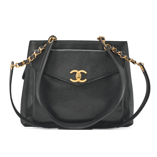 CHANEL Outside Flap Shoulder Bag Caviar Skin Black Gold-Tone Hardware, Pre-Owned