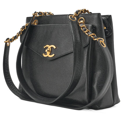 CHANEL Outside Flap Shoulder Bag Caviar Skin Black Gold-Tone Hardware, Pre-Owned