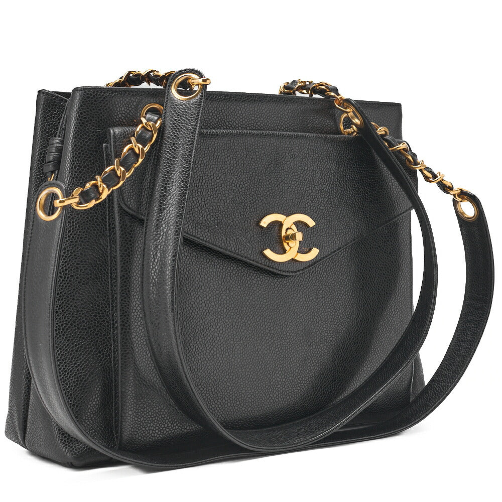 CHANEL Outside Flap Shoulder Bag Caviar Skin Black Gold-Tone Hardware, Pre-Owned