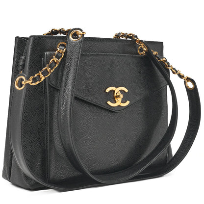 CHANEL Outside Flap Shoulder Bag Caviar Skin Black Gold-Tone Hardware, Pre-Owned