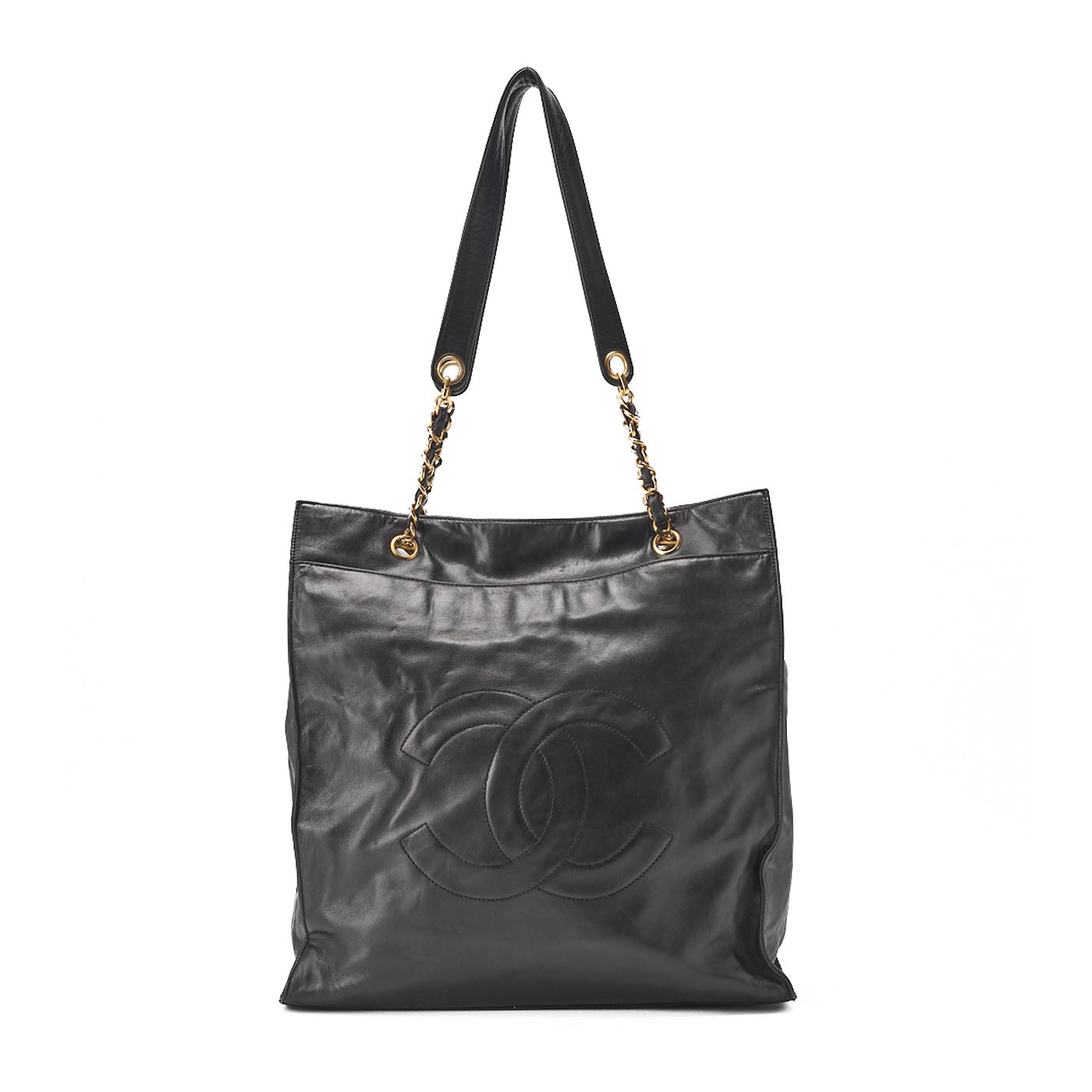 CHANEL Shoulder Bag Coco Mark Lambskin Black Large Size Gold-Tone Hardware, Pre-Owned